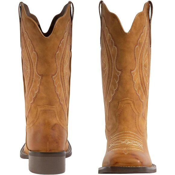 J's.o.l.e Women Tan Cowboy Boot Square Toe Western Cowgirl Fashion Botte Cow - Picture 2 of 9
